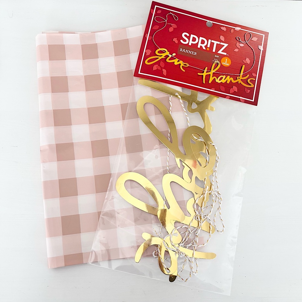 SPRITZ ~GIVE THANKS~ Gold Banner/ Tan Gingham Disposable Tablecloth NWT